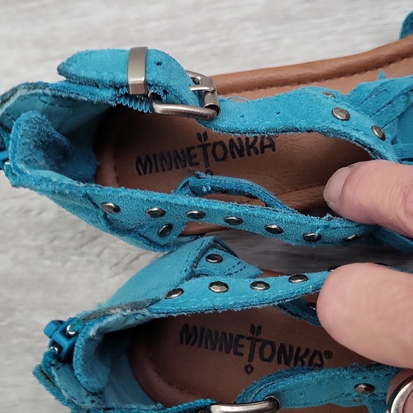 MINNETONKA Women's Sandals Suede Fringe Wedge wedge Turquoise  Size 6 - Picture 10 of 11